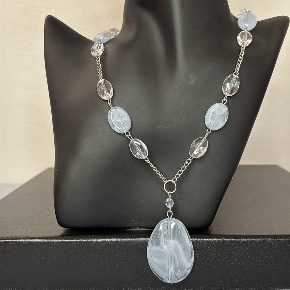 Y Pendant Long Necklace with Clear and Pale Blue Beads in Silver-Tone